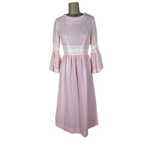 Vintage 70’s Handmade Pink Polka Dot Maxi Dress with Lace Waist and Bell Sleeves